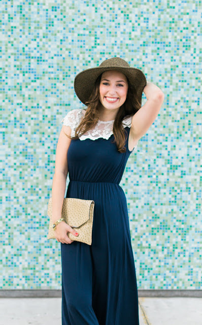 piper street navy lace dress, navy maxi dress with white lace details, anthropologie embroidered sun hat, navy maxi dress with white lace trim, texas blogger, piper street boutique