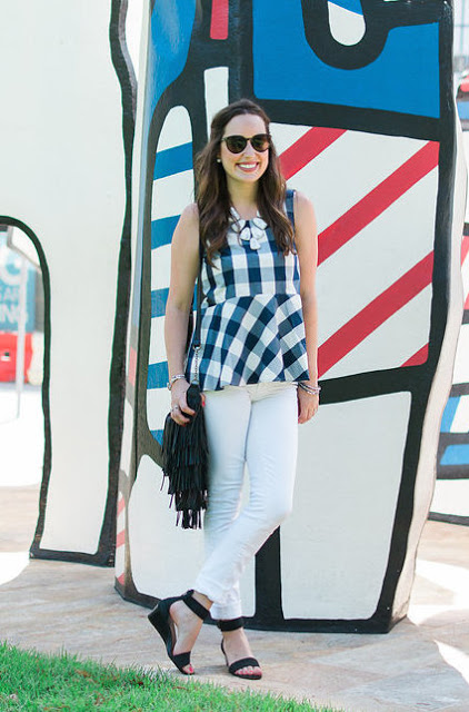 anthropologie gingham peplum top, gingham top, gingham peplum top, checked poplin peplum top, anthropologie checked poplin peplum top, peplum and white jeans, the lone star looking glass, gingham peplum, white jeans and a blue top