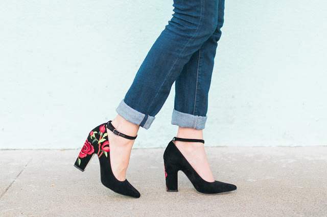 anthropologie black and embroidered heels, anthropologie billy ella heels, black heels with red embroidery, billy ella velvet varlan heels, anthropologie varlan heels | Black Lace & Embroidered Heels featured by top Houston fashion blog, Lone Star Looking Glass: image of a woman wearing  anthropologie embroidered heels, MIH jeans 