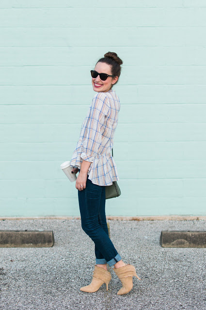 anthropologie plaid peplum top, anthropologie sava swing top, sava swing top, plaid peplum top, plaid high neck top, anthro plaid top, cherice booties, jeffrey campbell booties, mih high waisted jeans 
