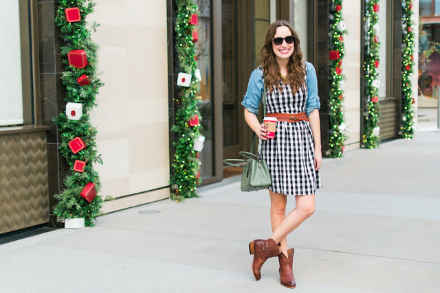 gingham sundress, tecovas boots, the trellis shop, chambray and gingham, chambray top under a gingham dress, rodistrict houston, 