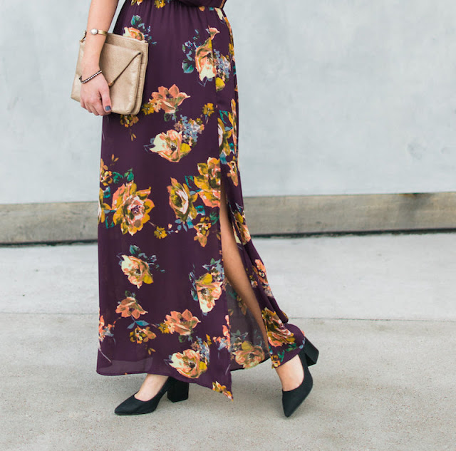 Everly floral maxi dress, purple floral maxi dress, winter florals, the lone star looking glass, restricted jay heels, loren jope bangles, how to wear a floral maxi dress, floral kimono maxi dresses, elaine turner bailey clutch 