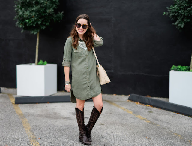 ruthie grace boutique olive shirt dress, mayra cowboy boots, old gringo tall cowboy boots, henri bendel wyatt satchel, karen walker sunglasses, happiness boutique necklace, the lone star looking glass, houston rodeo fashion, rodeo style 2016, houston fashion bloggers, rodeo houston fashion