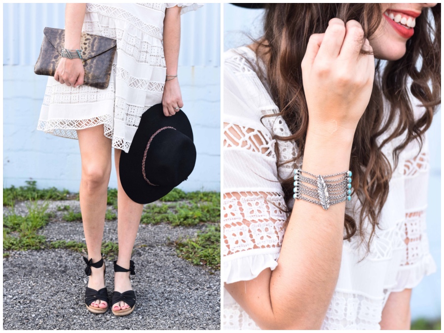 ugg black wedges, lucky brand silver cuff, clarimond lace dress