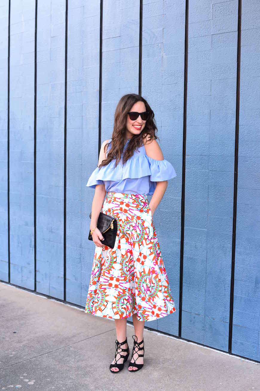 cultro clothing printed skirt, zara blue cold shoulder top, houston fashion blogger, lone star looking glass. how to wear a printed skirt