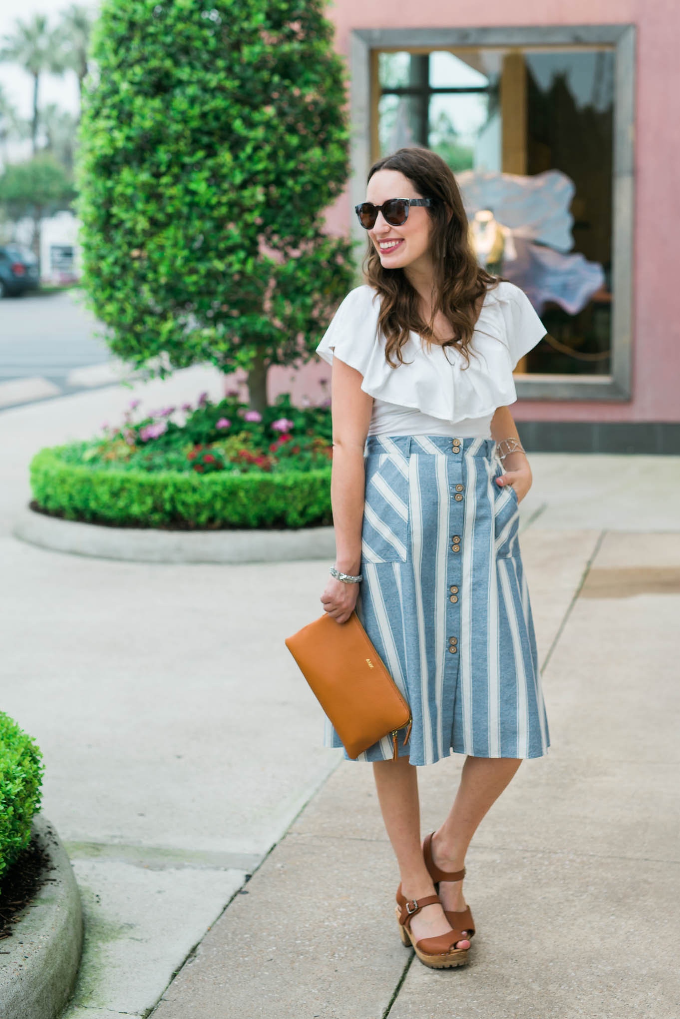 francescas striped midi skirt, blue and white striped midi skirt, mark and graham daily leather pouch, free people white off the shoulder top, houston bloggers, houston blogger, houston fashion blogger