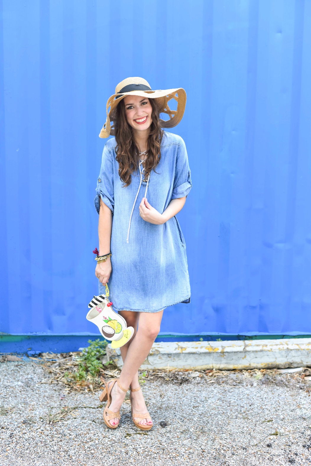 anthropologie chambray tie up dress, cute chambray dresses, how to wear chambray dresses, chambray shift dress, cutout floppy hat, modcloth straw hat