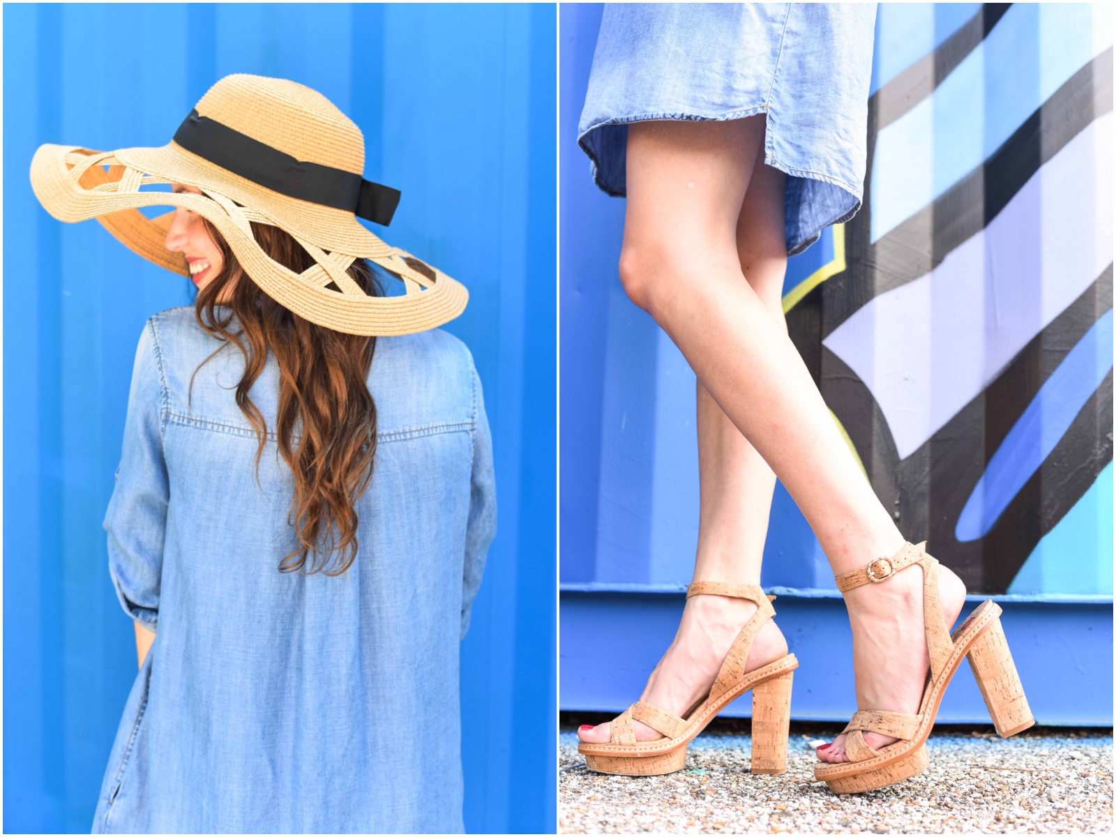 modcloth straw hat, cork heels, elaine turner heels, how to wear a chambray dress