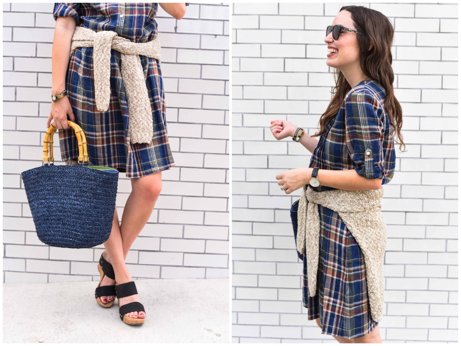 jmclaughlin plaid dress, fall transitional outfits, what to wear between summer and fall, navy bamboo tote bag, jmclaughlin fall 2016