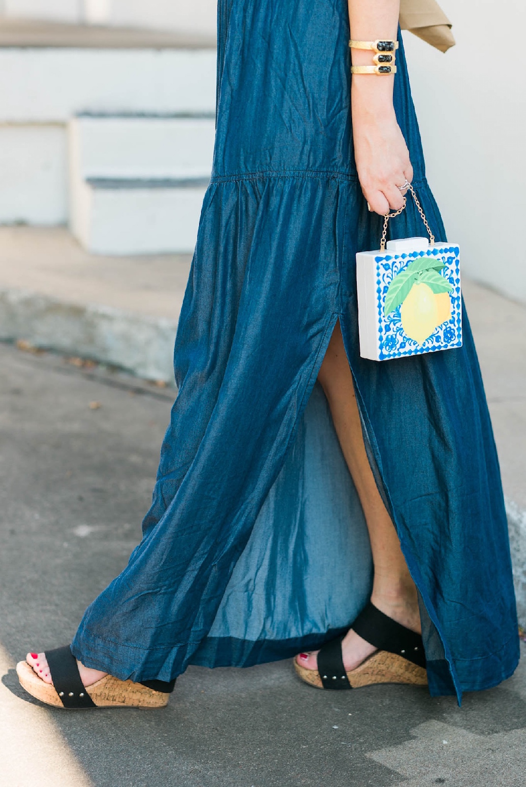 acrylic blue and white lemon clutch, sole society black and cork wedges, macy's chambray maxi dresses, dark blue maxi dress