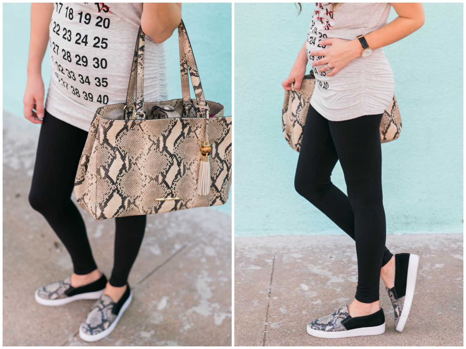 maternity weekly countdown tee, pregnancy countdown top, pea in the pod leggings, what to wear with maternity leggings, vionic snake sneakers, elaine turner snake printed tote purse