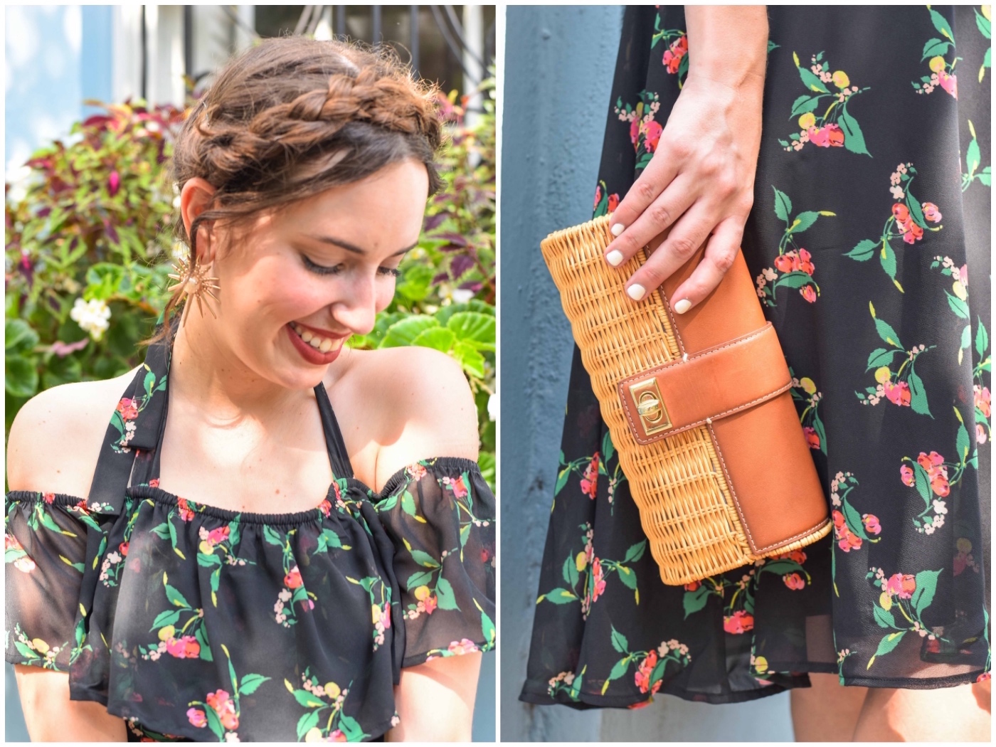 Sharing how to accessorize a black floral dress with a crown braid and a wicker clutch. 
