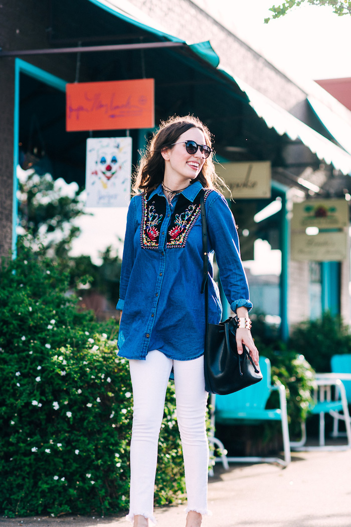 Houston fashion blogger Alice Kerley styles Anthropologie's Murelet Embroidered Chambray Tunic as a maternity top.
