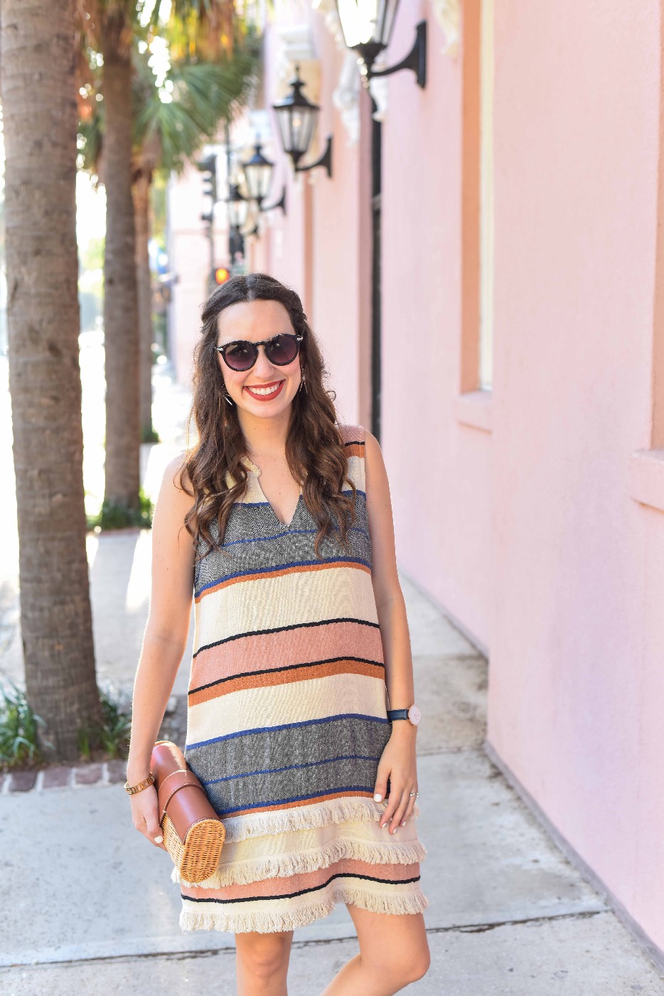 Styling an Anthropologie Striped Fringe Tunic Dress at The Mills House in Charleston. 