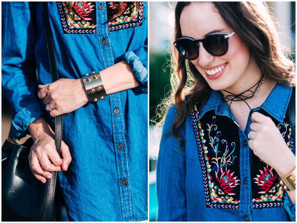 Houston fashion blogger Alice Kerley styles a baublebar chocker and cuff with Anthropologie's Murelet Embroidered Chambray Tunic.