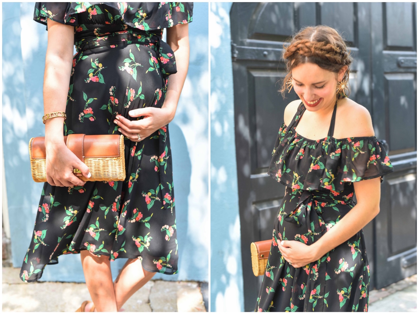 Styling Anthropologie's black floral off the shoulder Nigella Dress as a maternity dress. 