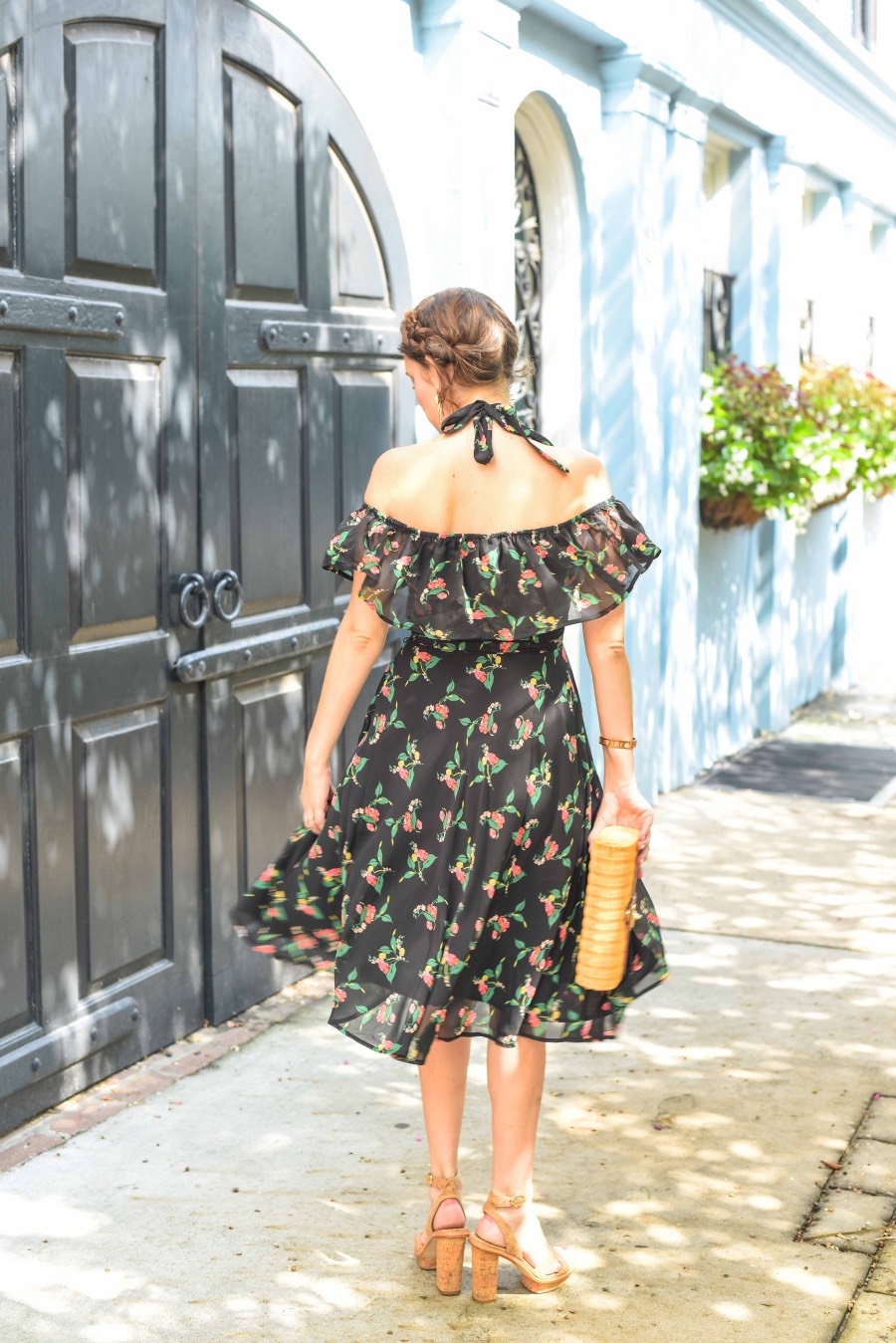 Styling Anthropologie's black floral off the shoulder Nigella Dress on Rainbow Row in Charleston.