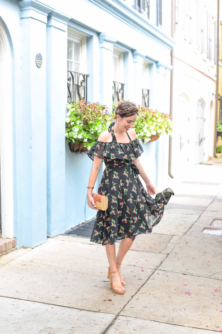 Styling Anthropologie's black floral off the shoulder Nigella Dress on Rainbow Row in Charleston.