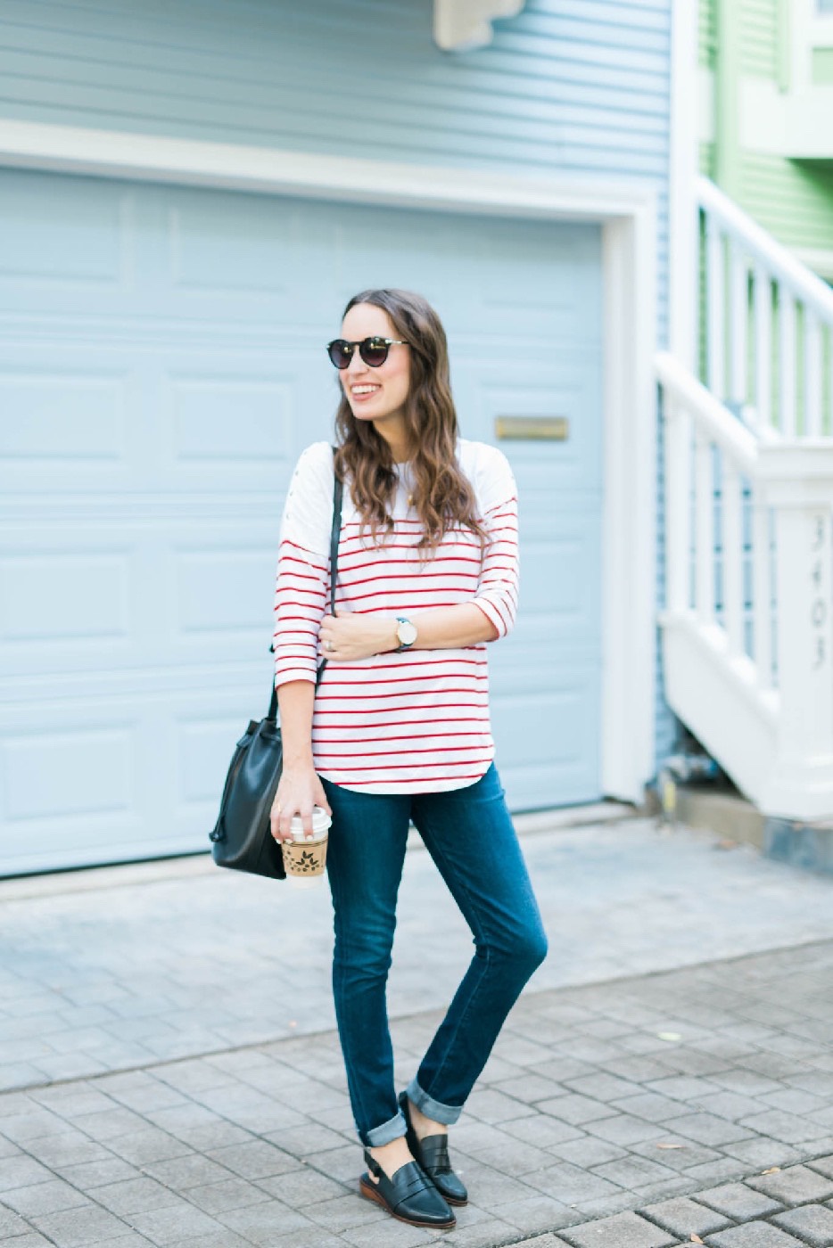 A casual maternity outfit in a striped breton maternity top from Seraphine Maternity with Citizens of Humanity jeans.