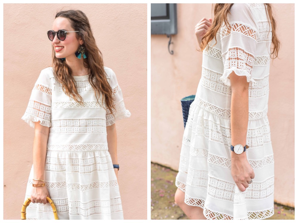 Styling the Clarimond White Lace Dress from Anthropologie and KAS New York with espadrilles and a straw tote in Charleston.