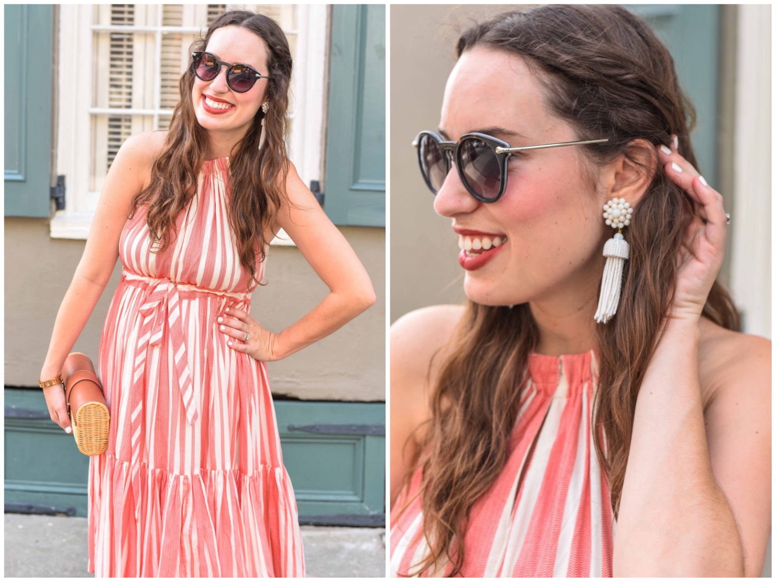 Accessorizing a red and white striped dress with white Lisi Lerch tassel earrings