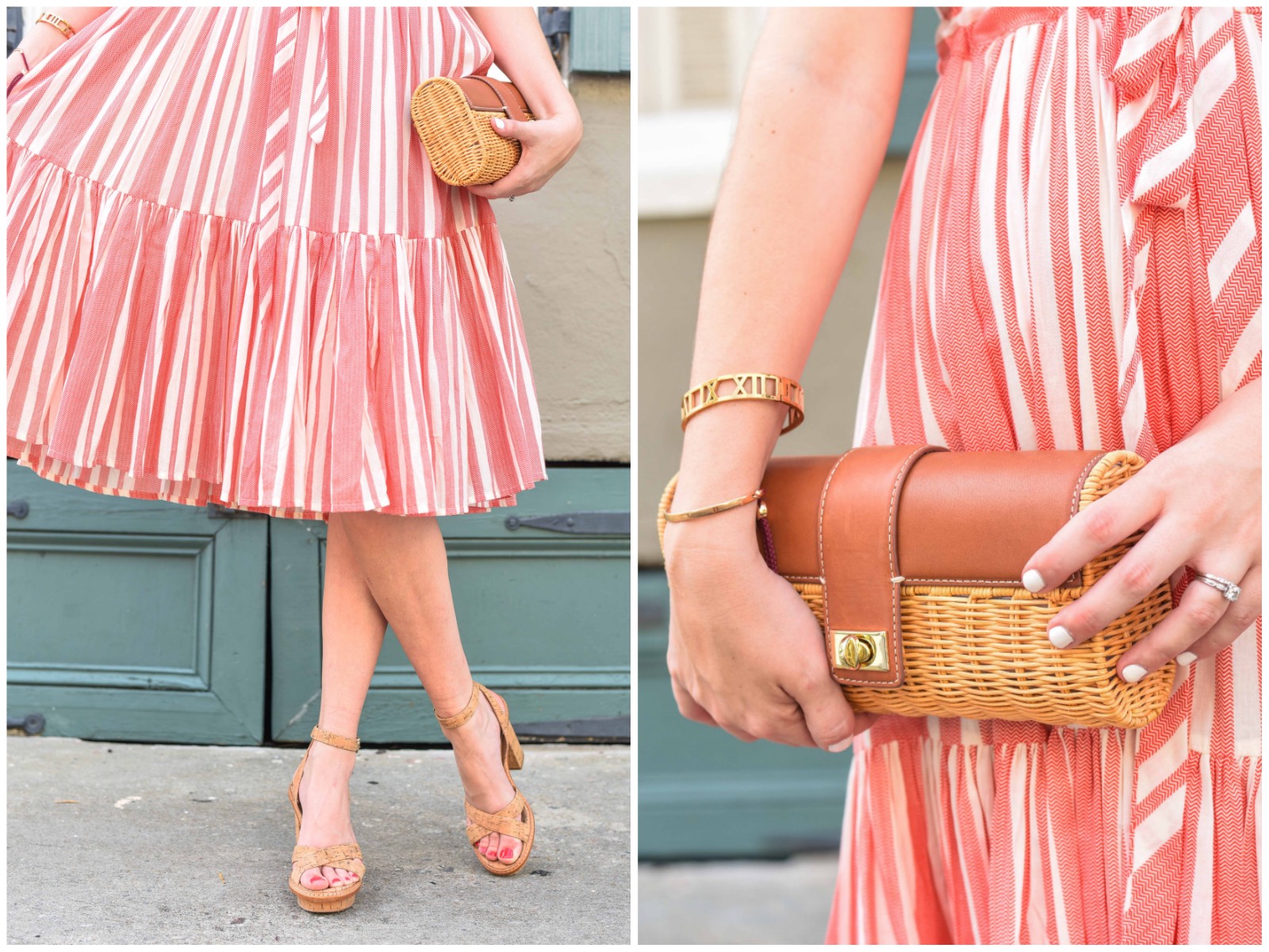 Accessorizing for summer with Elaine Turner cork heels and a J. McLaughlin wicker clutch.