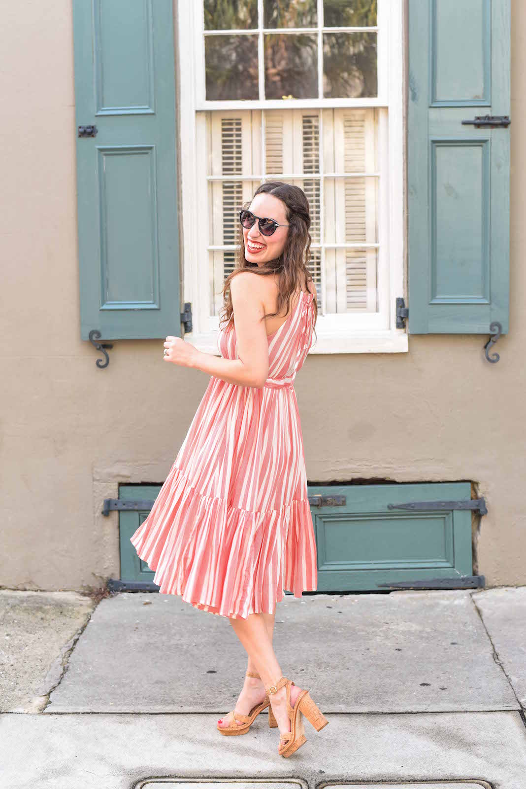 Party dress inspiration in an Anthropologie red and white striped halter dress