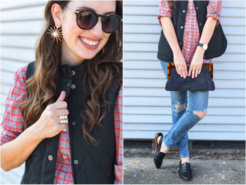 Alice Kerley of Lone Star Looking Glass styles a J.McLaughlin Plaid Lois Blouse, Black Vest and Denim Clutch for fall. 