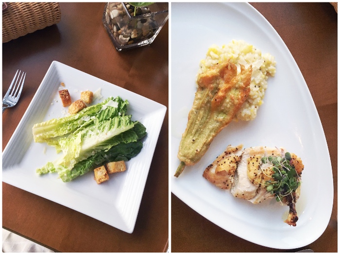 Caesar salad, baked chicken and squash for dinner from Current Restaurant at The Westin in The Woodlands, TX. 