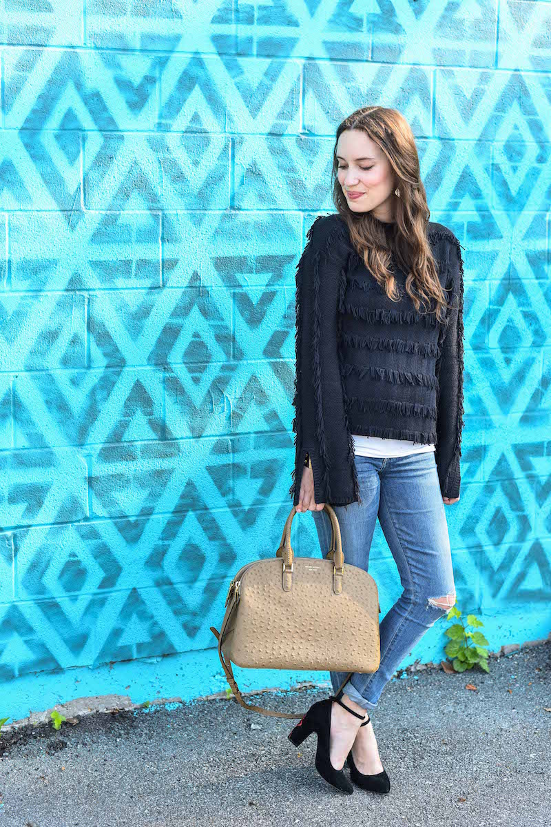 Houston Fashion Blogger Lone Star Looking Glass styles Yoana Baraschi's black fringed sweater with distressed citizen jeans and Henri Bendel's Ostrich Dome Satchel.