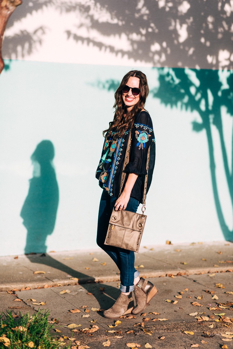 Blogger Alice Kerley from Lone Star Looking Glass gives fall outfit inspiration by wearing a navy KAS New York Embroidered Top with Hammitt Reversible Bag and Dansko Wedges.