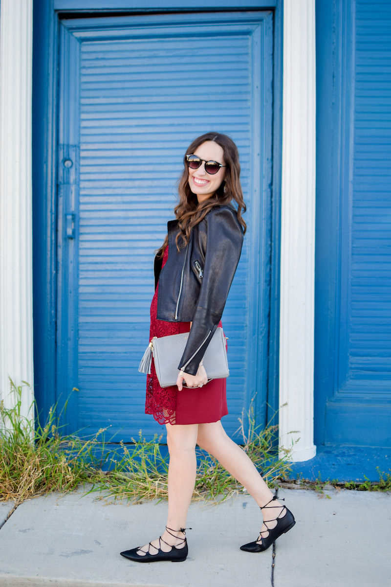 Tips on how to dress down a red lace party dress for fall.