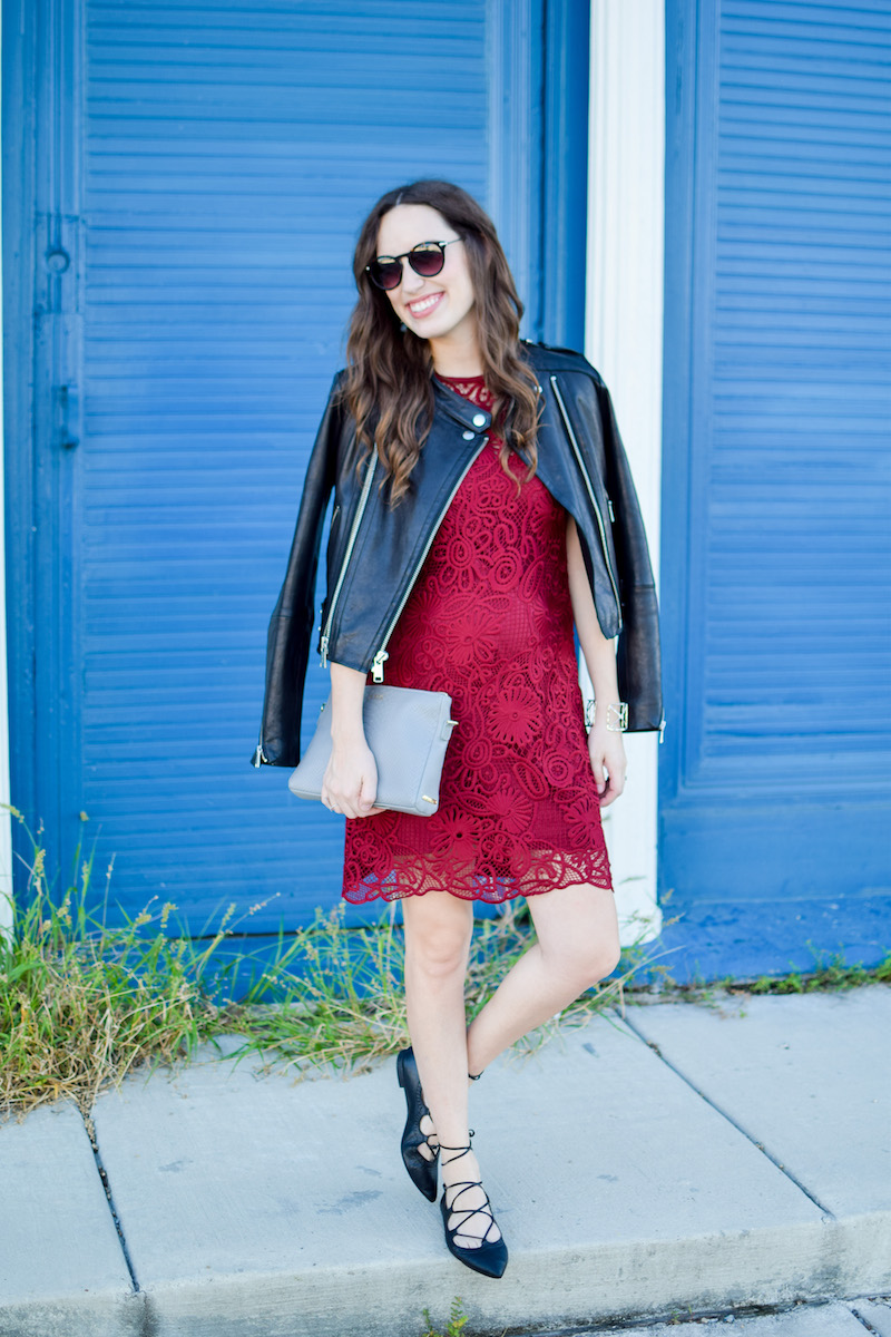 Tips on how to dress down a red lace party dress for fall.
