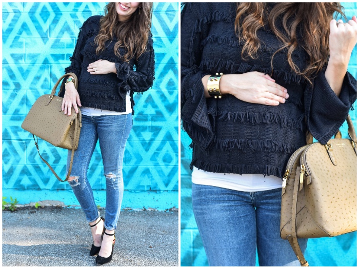 Houston Fashion Blogger Lone Star Looking Glass shares an easy maternity outfit in Yoana Baraschi's black fringed sweater with distressed citizen jeans and Henri Bendel's Ostrich Dome Satchel.