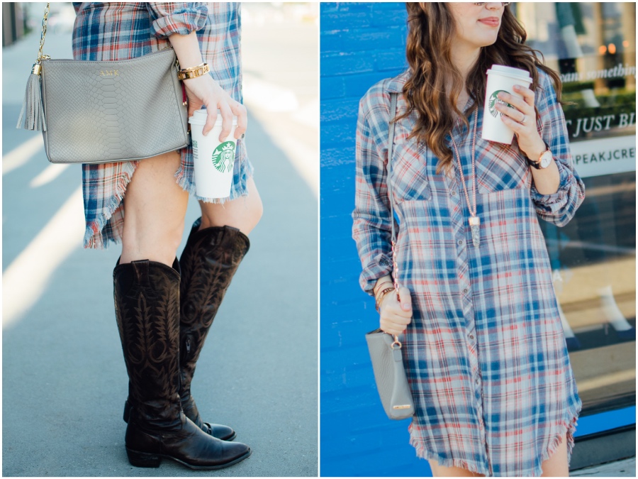 Alice Kerley styles Anthropologie's Plaid Buttondown Dress with tall Old Gringo Boots for Fall. 