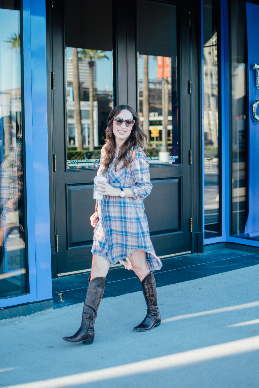 Alice Kerley styles Anthropologie's Plaid Buttondown Dress with tall Old Gringo Boots for Fall. 