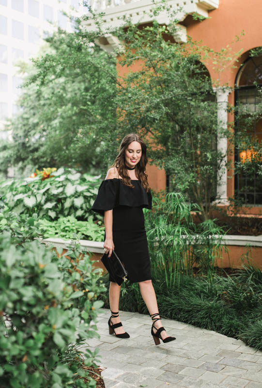 Alice Kerley styles Monique Lhuliler's Black Off the Shoulder fitted dress at Rosewood Mansion in Dallas.