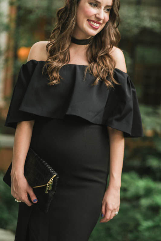Alice Kerley styles Monique Lhuliler's Black Off the Shoulder fitted dress at Rosewood Mansion in Dallas.