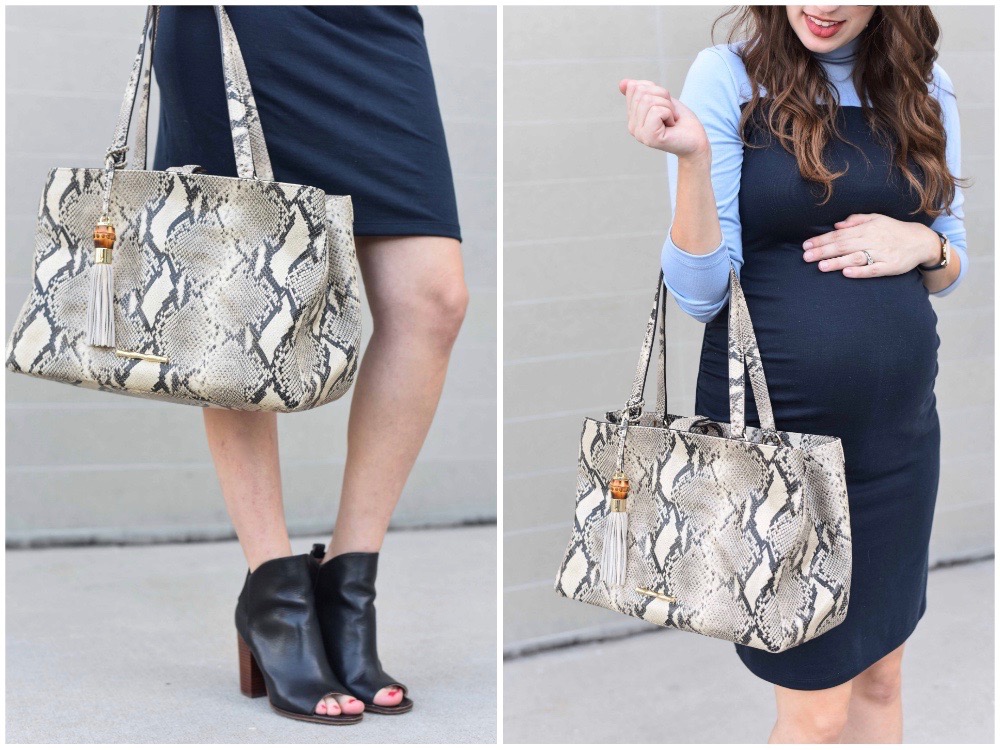 Lone Star Looking Glass, a Texas fashion blow, styles a an Elaine Turner Python Handbag with a fitted blue maternity dress. 