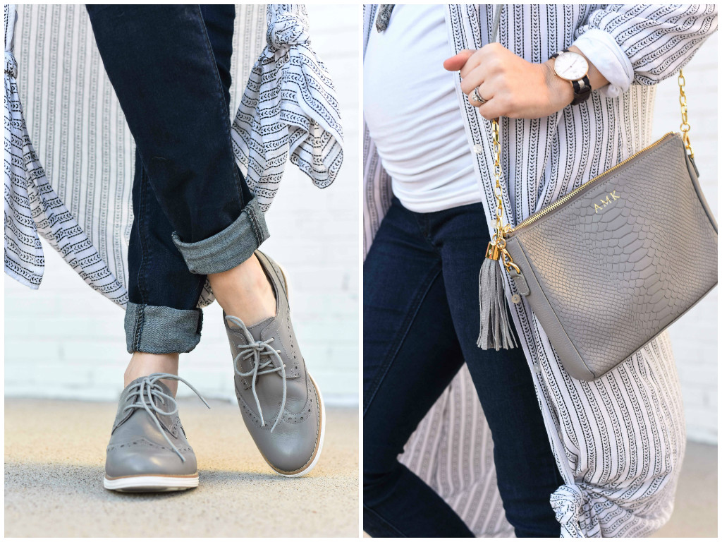 Texas fashion blogger styles Cole Hahn Original Grand Wingtip Oxfords in gray styled with a Gigi New York Gray Crossbody. 