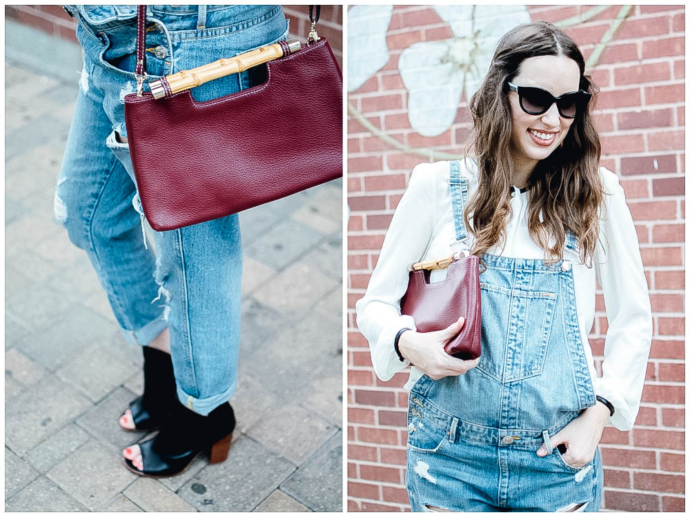Texas Fashion Blogger styles True Religion overalls with a Seraphine Maternity top for fall.