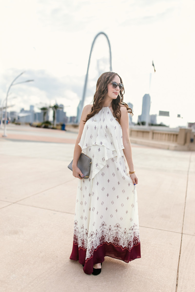 Texas fashion blogger Alice Kerley styles a purple and white Planet Blue maxi dress as a maternity dress.