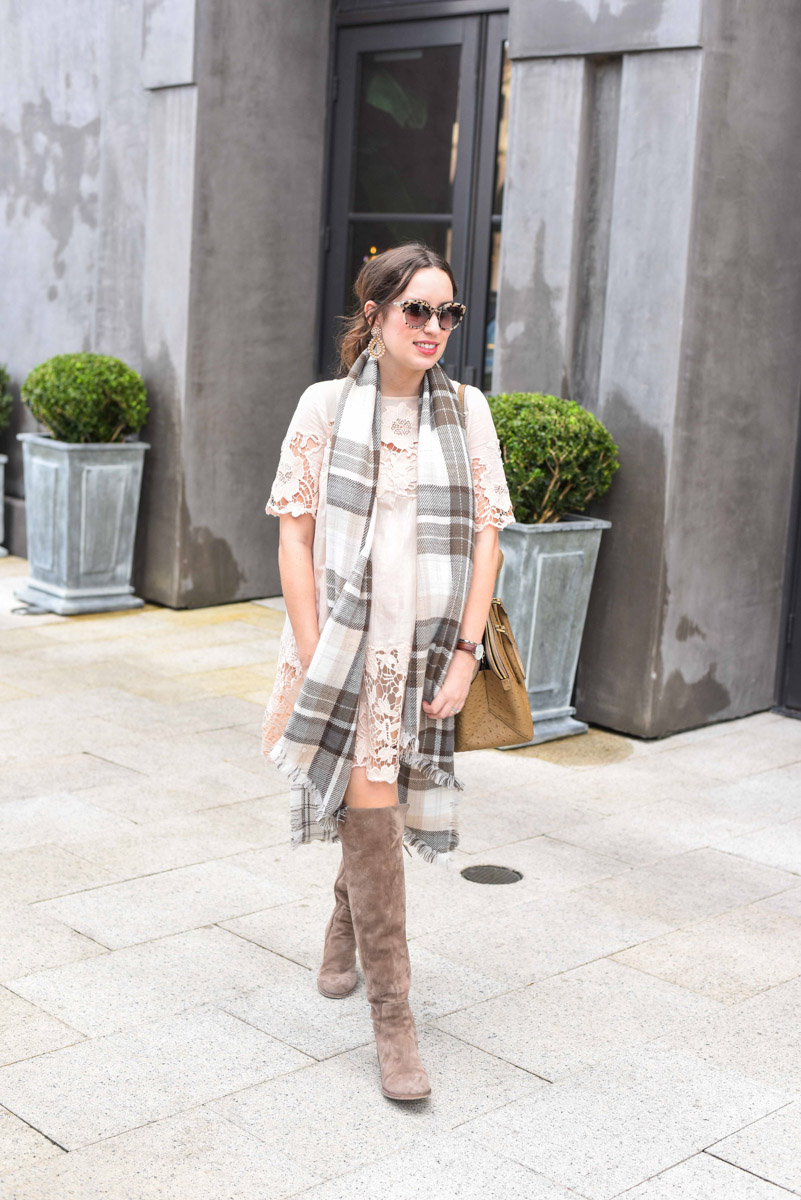 Houston Blogger styles Anthropologie's Magnolia Lace Dress in peach with taupe Elaine Turner boots and a plaid blanket scarf. 