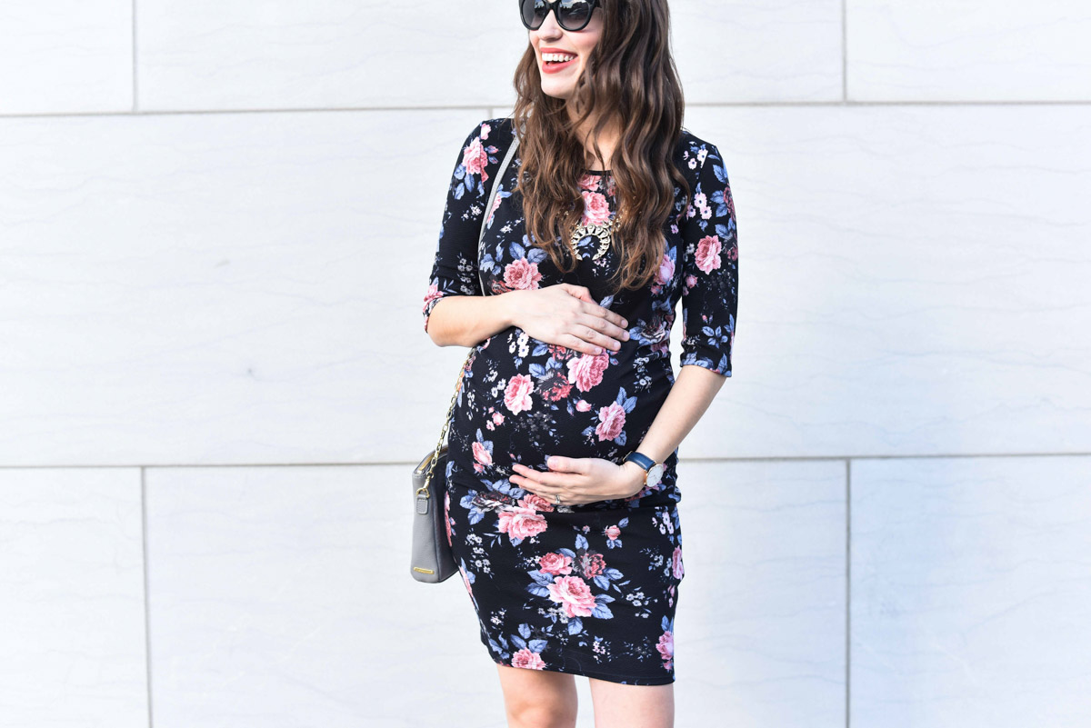 Houston fashion blogger Alice Kerley styles PinkBlush's black and floral fitted maternity dress with gray accessories for fall.
