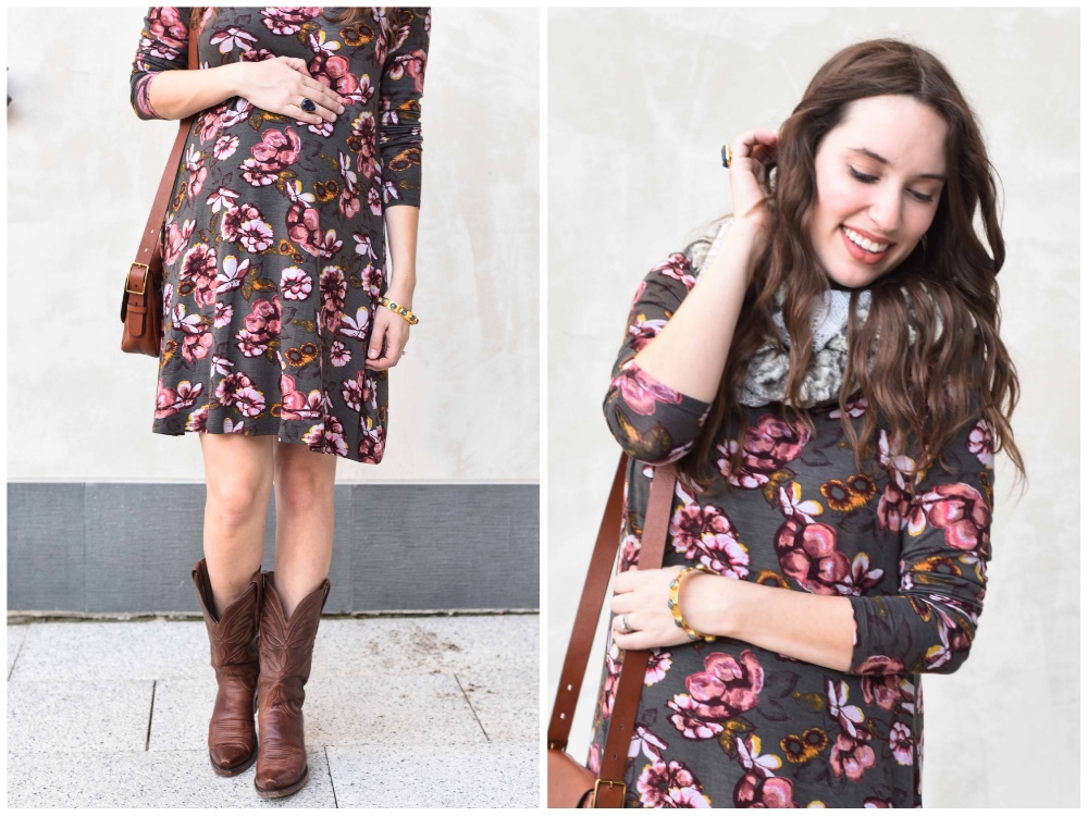Houston fashion blogger styles a Ruthie Grace Boutique floral print shift dress as a maternity dress for fall. 