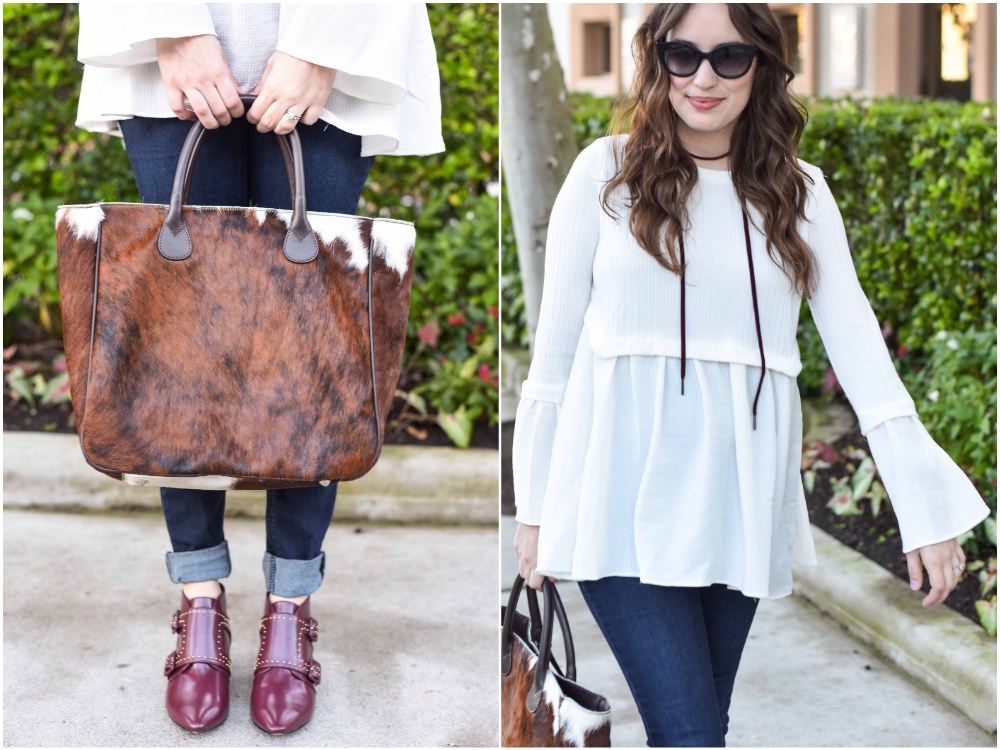 Texas fashion blogger Alice Kerley styles French Connection maroon booties and Mark & Graham's Telluride Cowhide Bag for Fall.