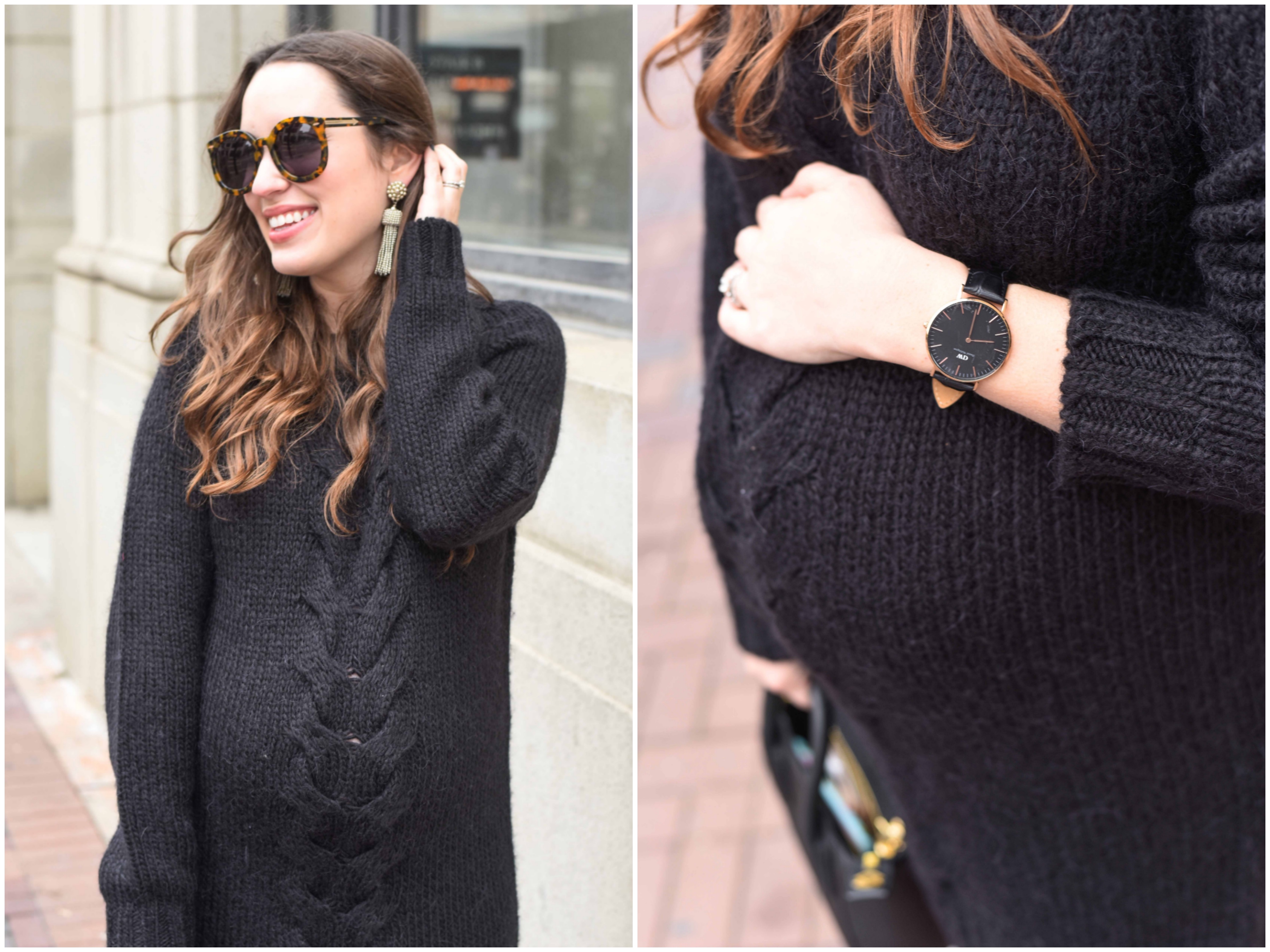 Houston fashion blogger styles a black French Connection Sweater dress as a maternity dress. 