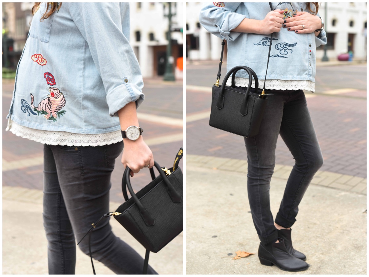 Houston fashion blogger styles the Dagne Dover mini tote with black jeans. 
