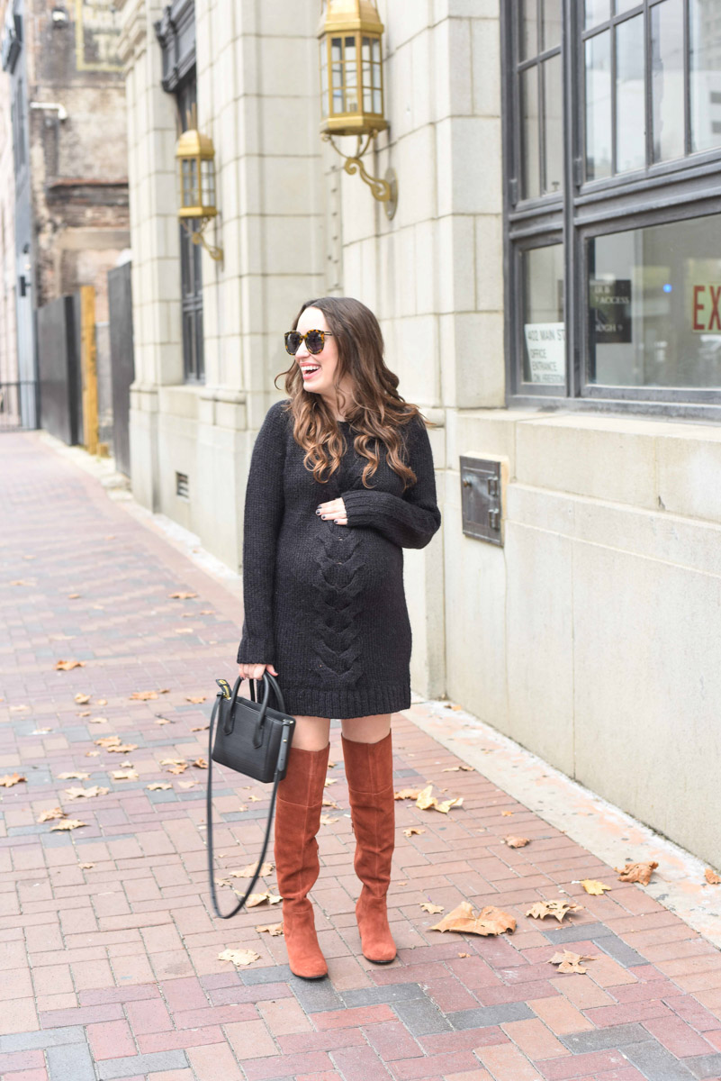 Houston fashion blogger styles a black French Connection sweater dress as a maternity dress with Sole Society over the knee boots and a Dagne Dover handbag.