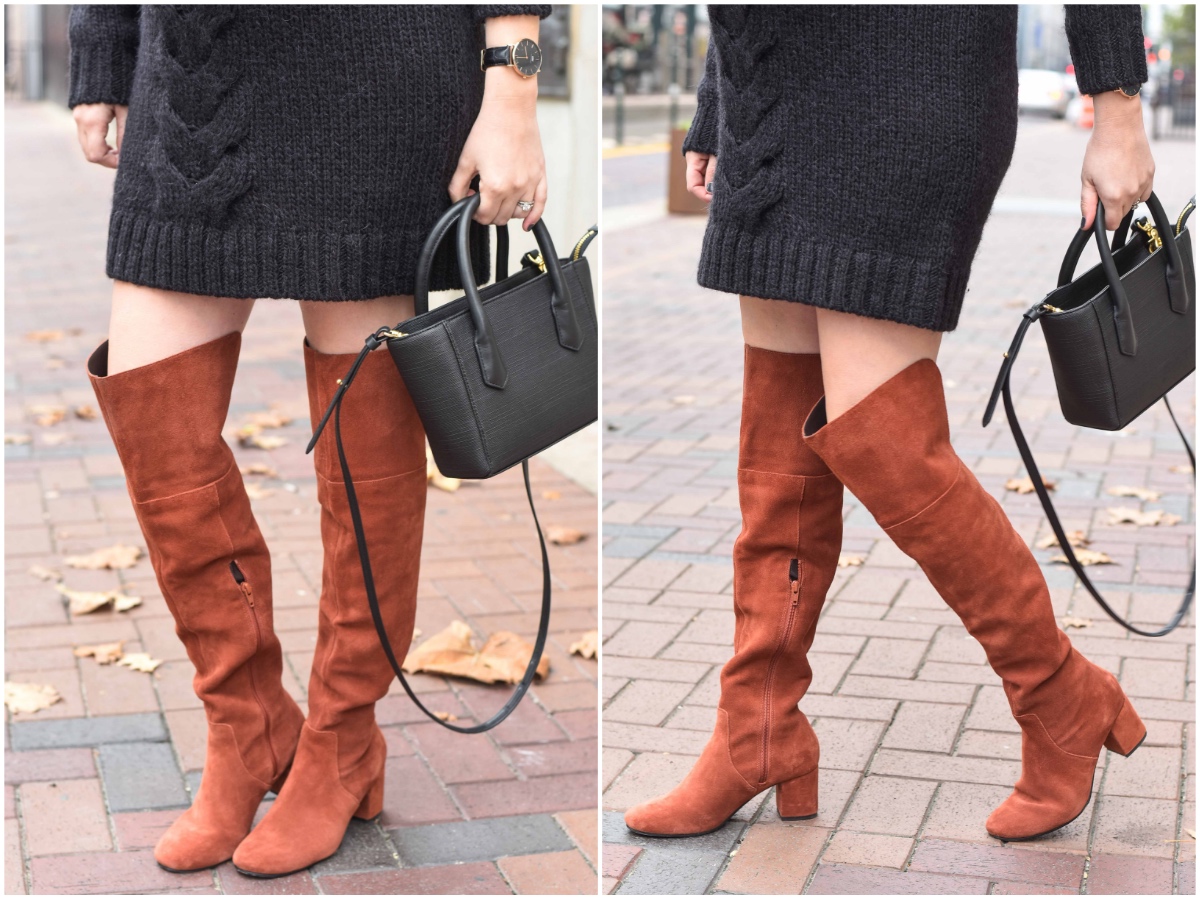 Houston fashion blogger styles Sole Society Leandra Over the Knee Boots in Rust with a Dagne Dover handbag.